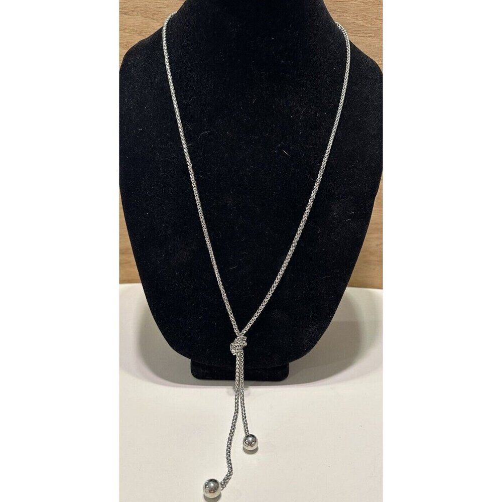 29” Ann Taylor Silver Tone Chain Necklace Y Knot Tassle Lariat Ball